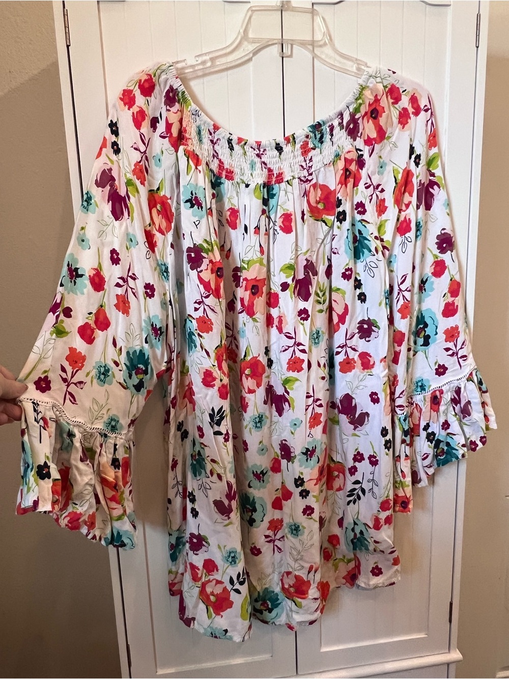 Terra & Sky White Floral Off-Shoulder Tunic with Multi-Color Blooms - Picture 4 of 4